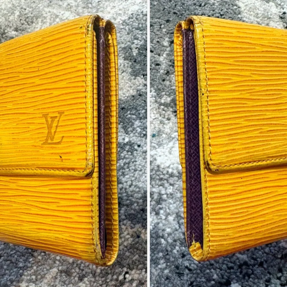 '93 Vintage LV Elise Compact Trifold Wallet in Yellow Epi + Purple Taiga Leather